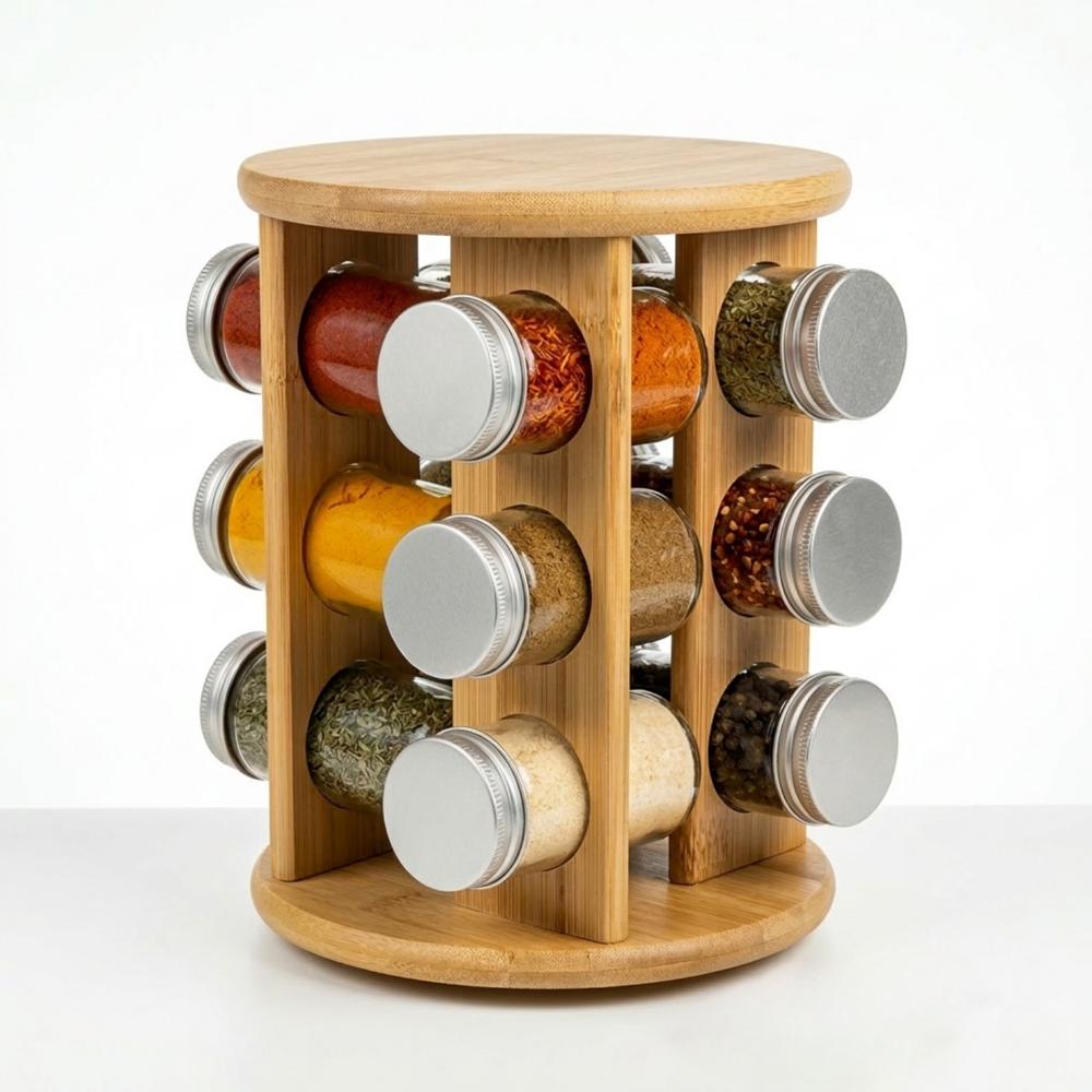 Organizador Especiero De Bambú + 12 Frascos De Vidrio 80ml