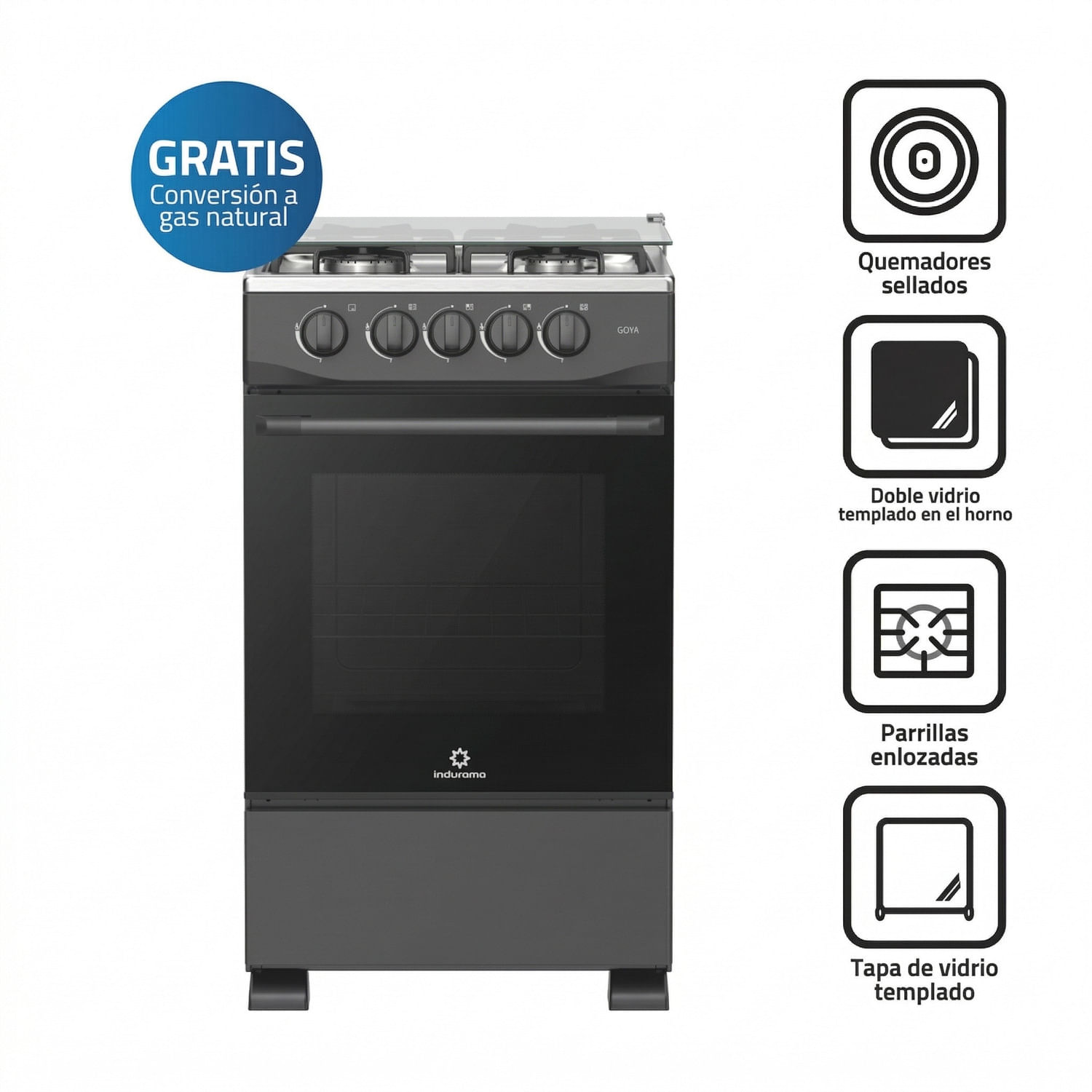 Cocina de Pie a Gas Indurama Goya Negro 4 Hornillas