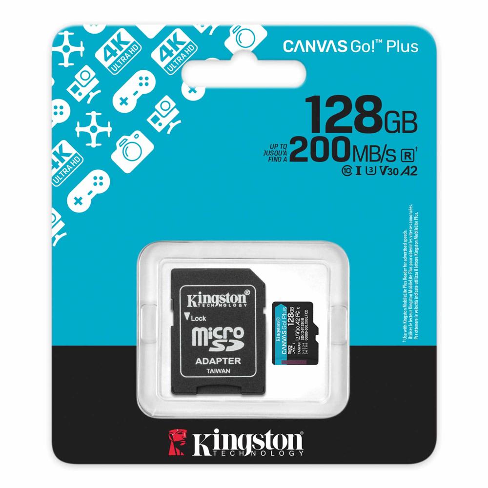 Tarjeta MicroSD Kingston 128GB Canvas Go Plus Gen 4 200Mbps A2 U3