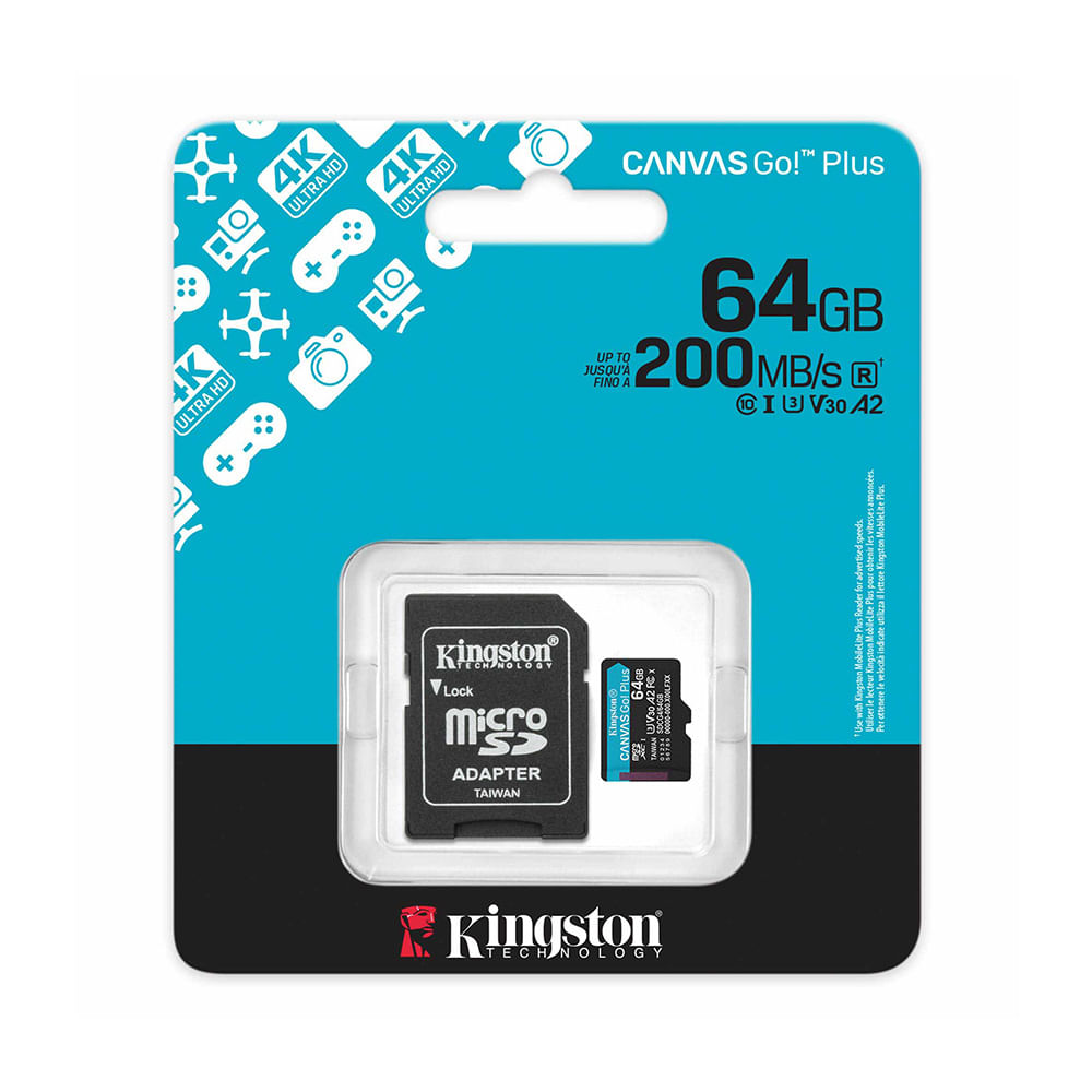 Tarjeta microSDXC Kingston Canvas Go Plus 64GB UHS-I U3 200MBs SDCG464GB