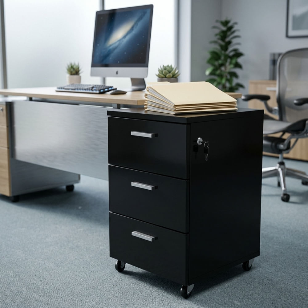 Cajonera De 3 Cajones Con Ruedas Y Chapa Negro