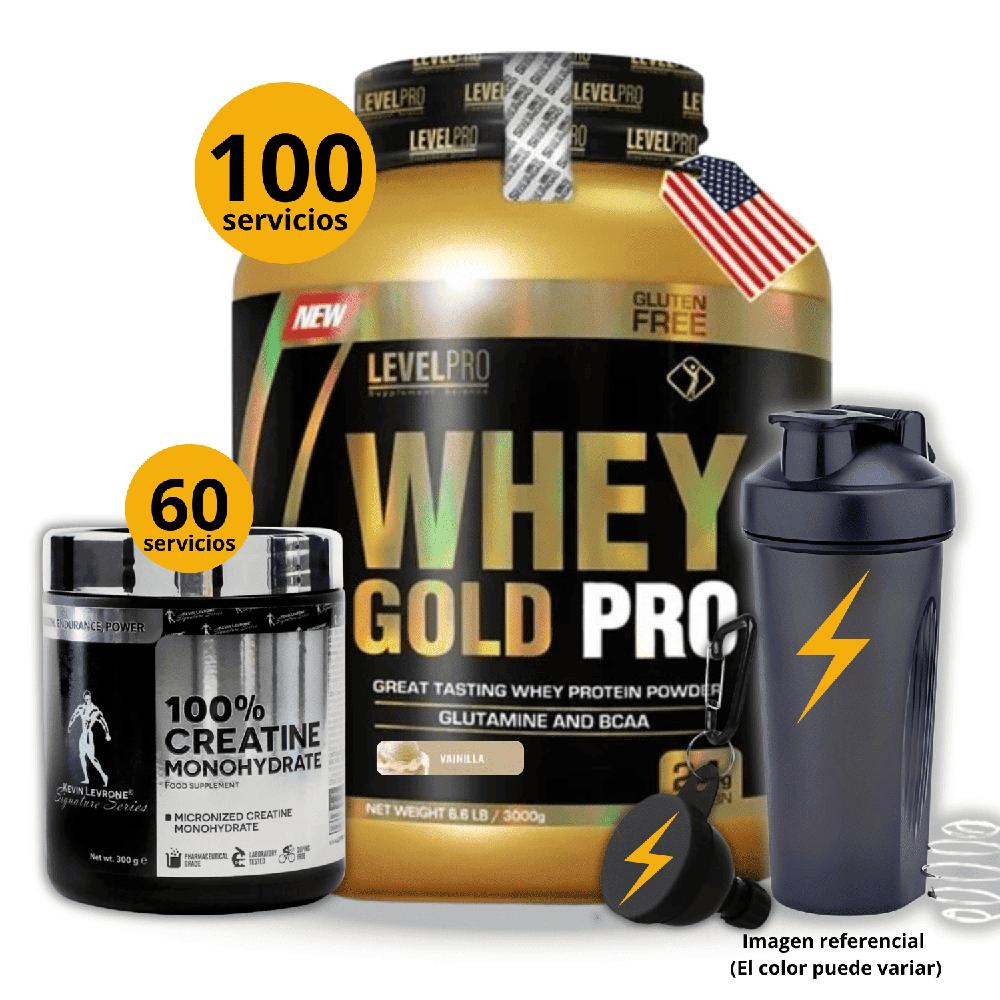Proteína Whey gold pro de 3kg Vainilla - Creatina Kevin Levrone de 300gr - regalos