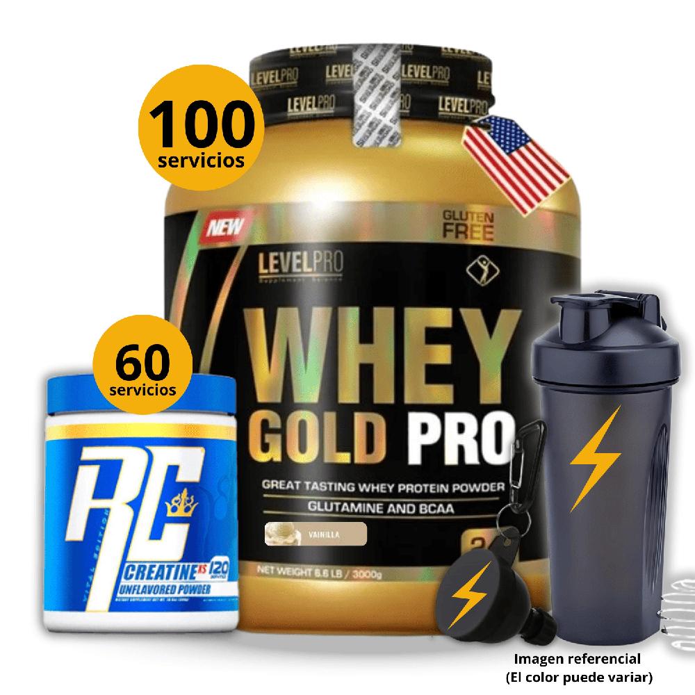 Proteína Whey gold pro de 3kg Vainilla - Creatina Ronnie Coleman de 300gr -regalos