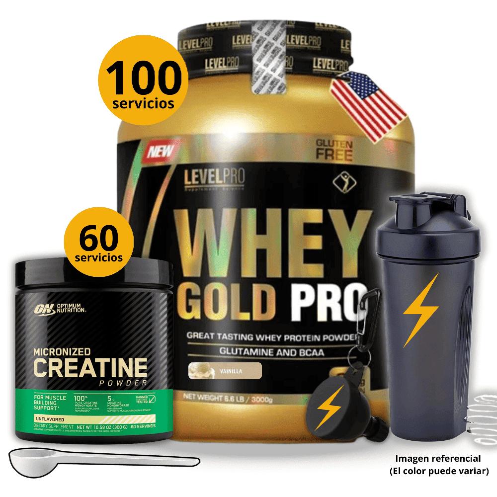 Proteína Whey gold pro de 3kg Vainilla - Creatina Optimum Nutrition de 300gr - regalos