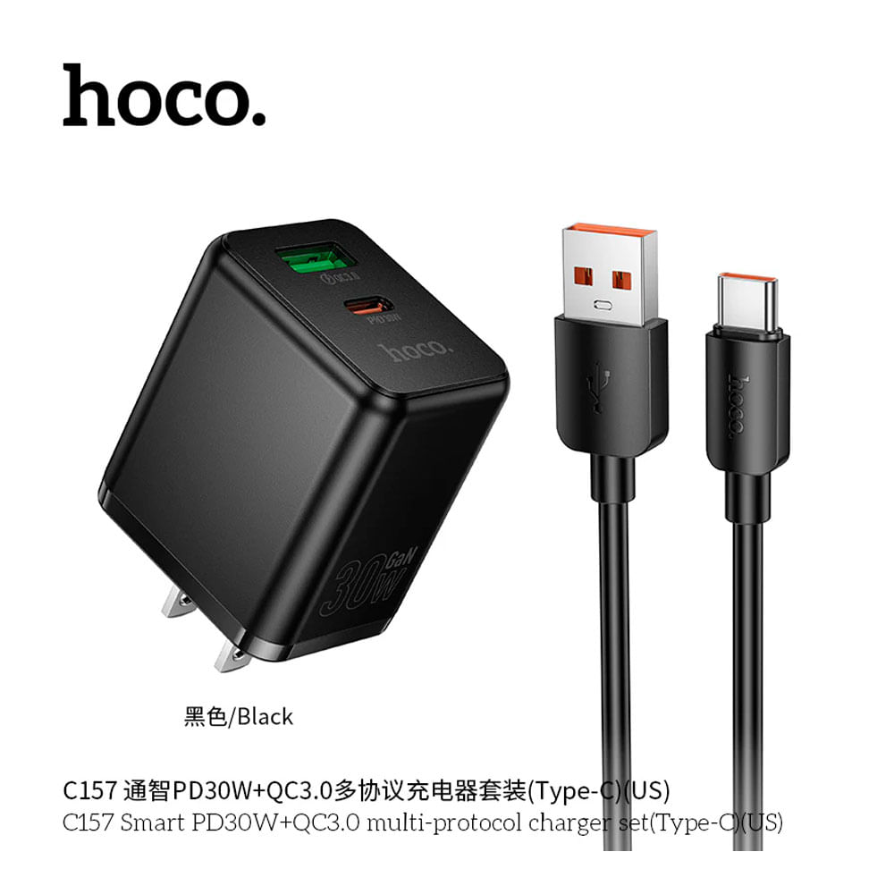 Cargador Hoco C157 Pd 30w Qc 3.0 Doble Puerto Con Cable Usb-c