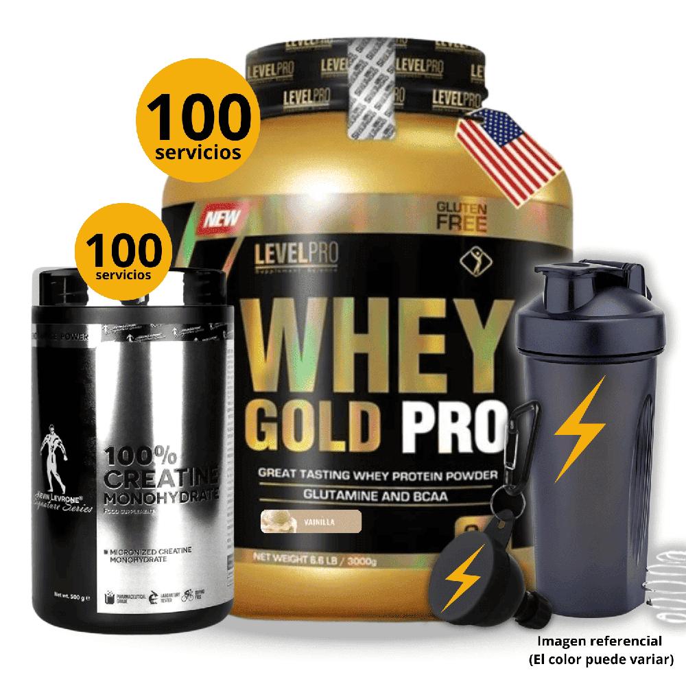 Proteína Whey gold pro de 3kg Vainilla -Creatina Kevin Levrone de 500gr -regalos