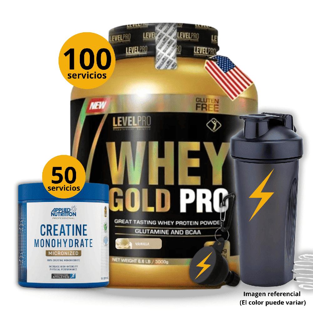 Proteína Whey gold pro de 3kg Vainilla - Creatina Applied Nutrition de 250gr - regalos