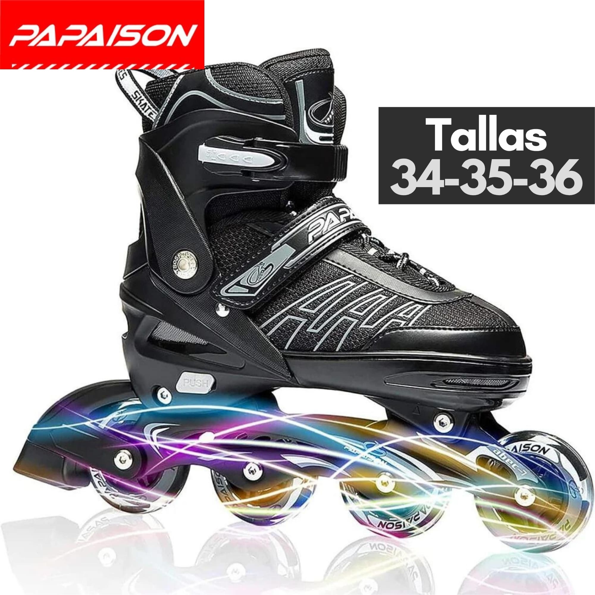 Patines en Línea Ajustables A01 - Negro - Tallas 34-35-36 ABEC-7 82A con Luces LED Frame de Aluminio