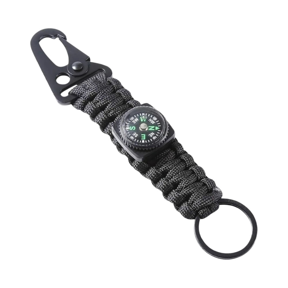Llavero Tactico con Gancho tipo Mosqueton Brujula y Argolla Negro