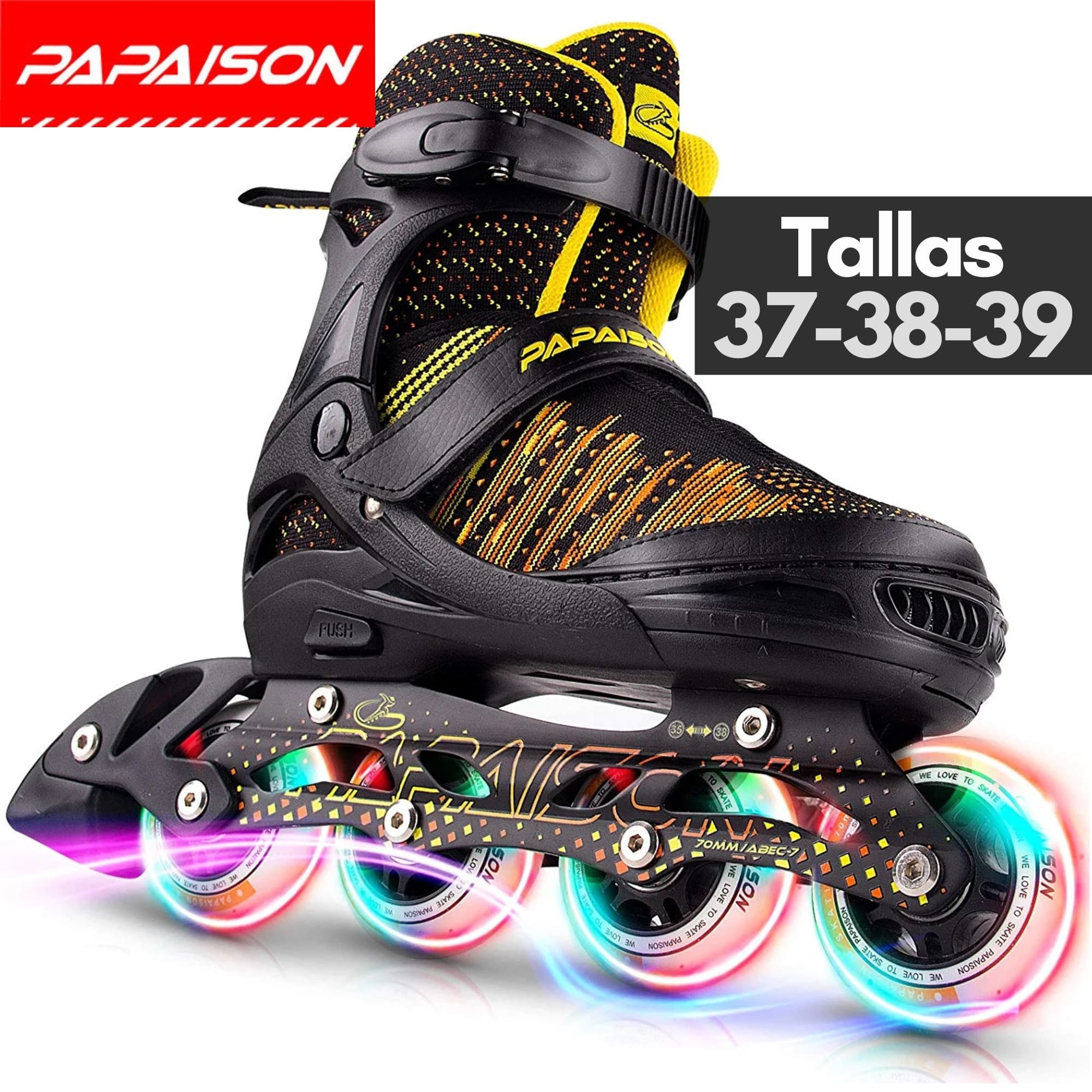 Patines en Línea Ajustables A10 - Negro - Tallas 37-38-39 ABEC-7 82A con Luces LED Frame de Aluminio