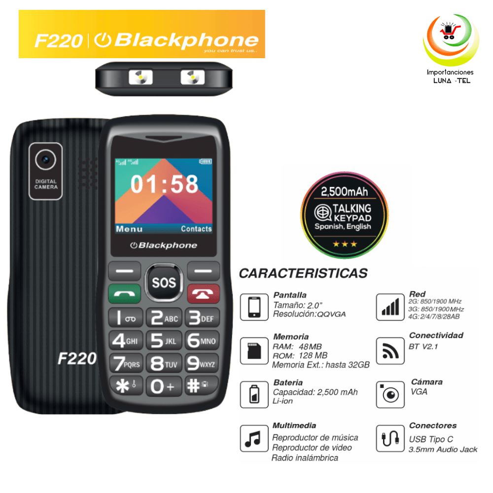 CELULAR BASICO BLACKPHONE F220 4G Hablador DUAL SIM - NEGRO