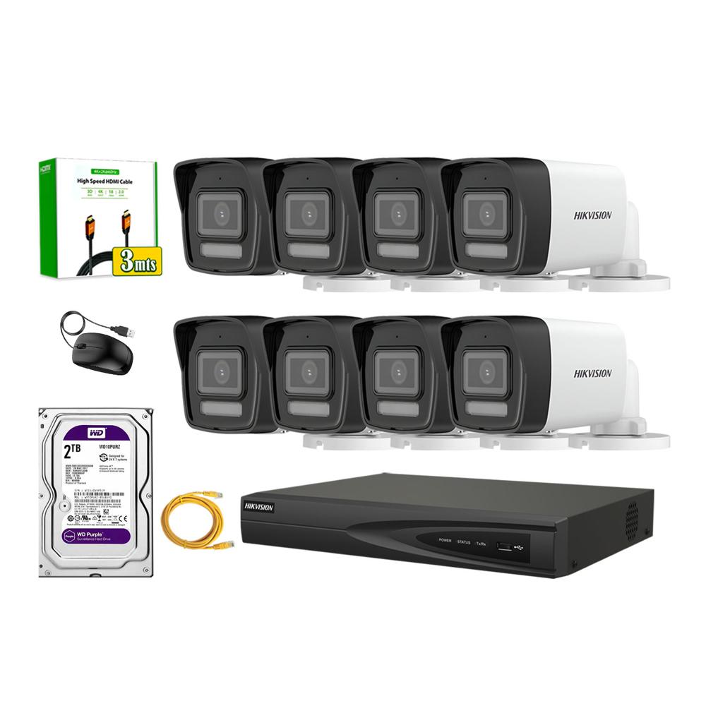 Kit 8 Cámara Seguridad Hikvision IP POE 4MP Tubo Audio Incorporado Disco 2TB