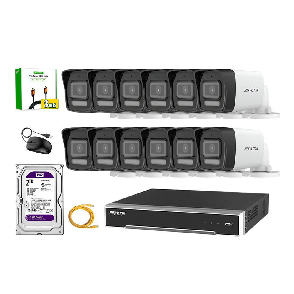 Kit 12 Cámara Seguridad Hikvision IP POE 4MP Tubo Audio Incorporado Disco 2TB