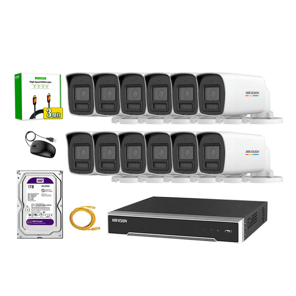 Kit 12 Cámara Seguridad Hikvision IP POE 4MP Color Vu Tubo Visión Color Disco 1TB