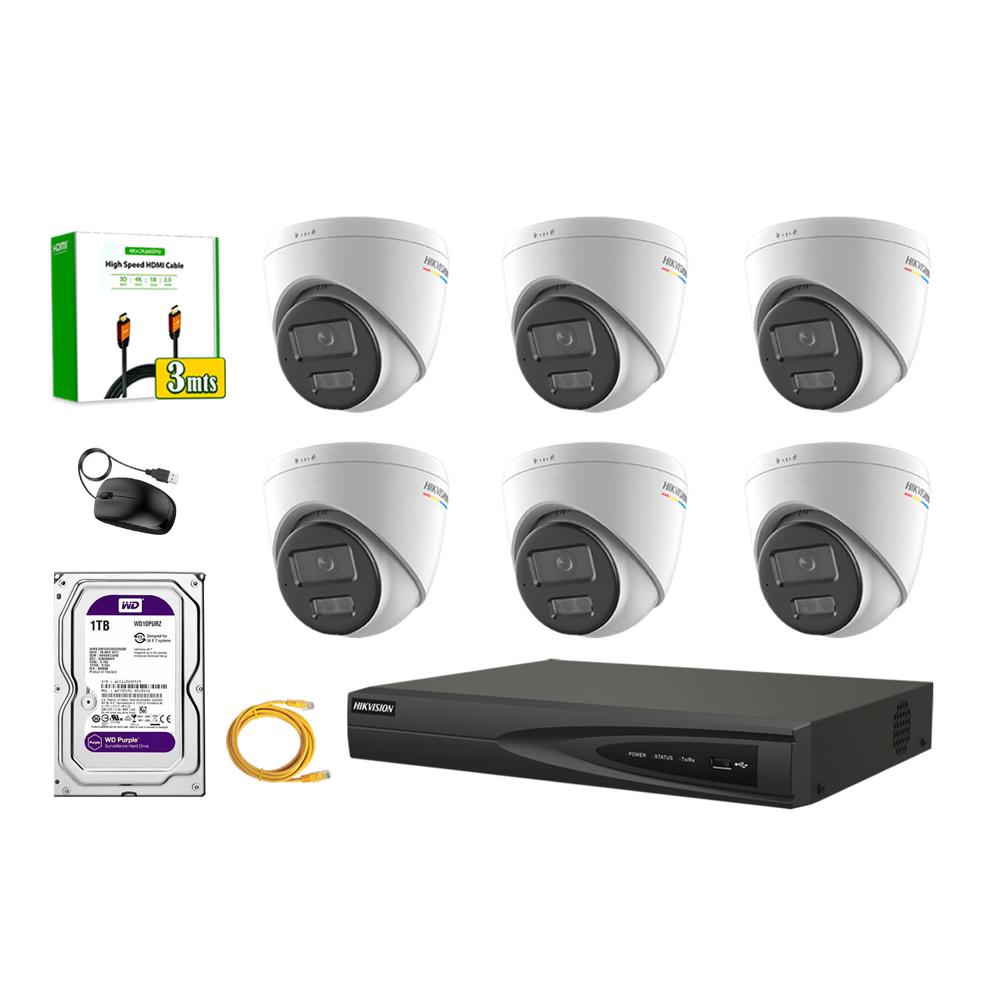 Kit 6 Cámara Seguridad Hikvision IP POE 4MP Color Vu Domo Visión Color Disco 1TB