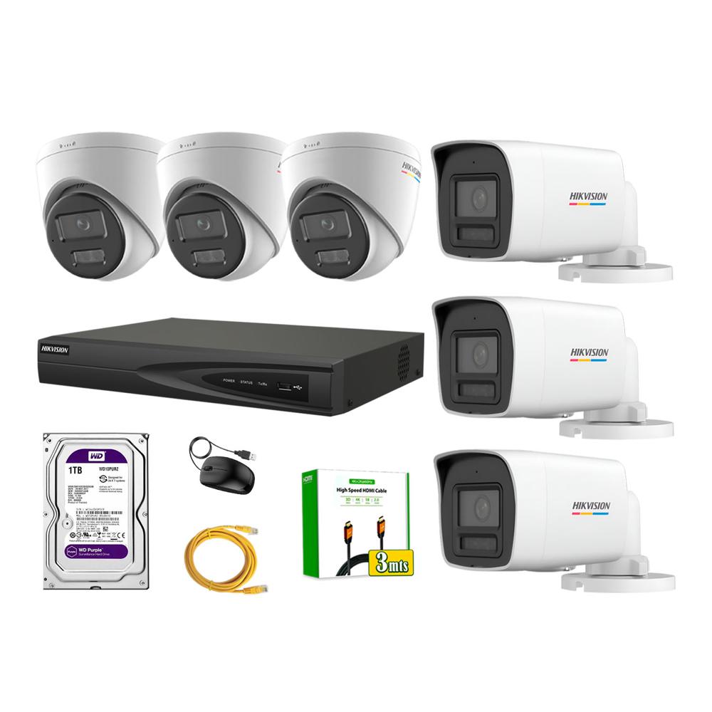 Kit 6 Cámara Seguridad Hikvision IP POE 4MP Color Vu Audio Luz Inteligente 1TB WD