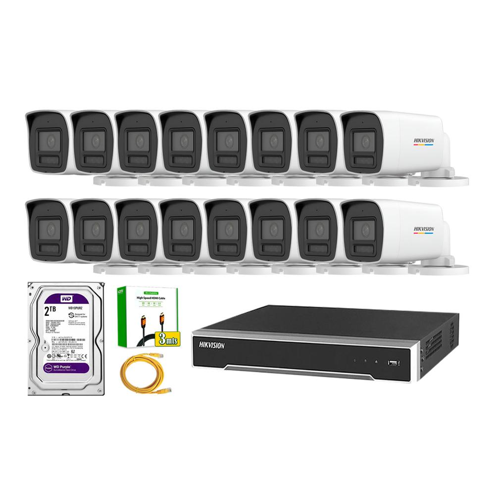 Kit 16 Cámara Seguridad Hikvision IP POE 4MP Color Vu Tubo Visión Color Disco 2TB