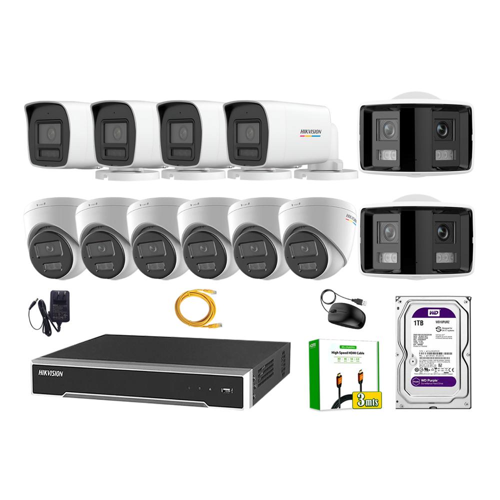 Kit 12 Cámara Seguridad Hikvision IP POE 4MP ColorVu 2 Cámara Panorámica Alarma 1TB WD