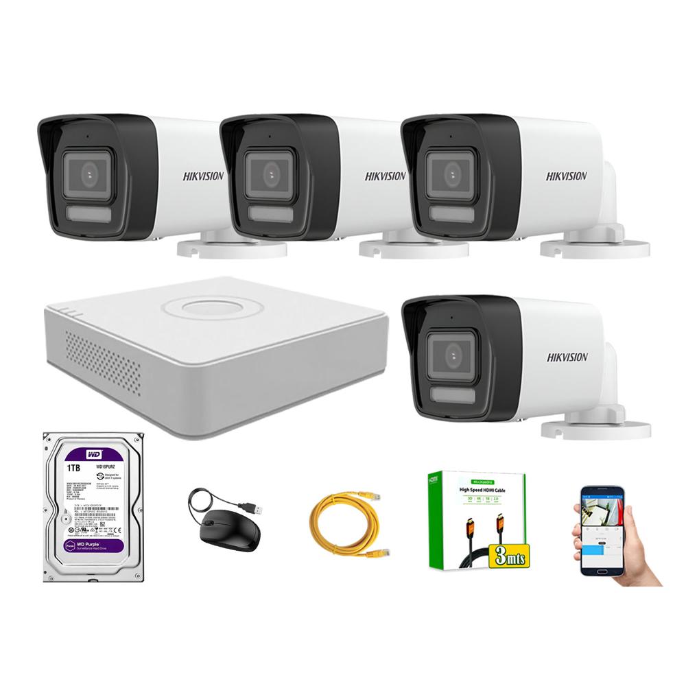 Kit 4 Cámara Seguridad Hikvision IP POE 4MP Tubo Audio Incorporado Disco 1TB