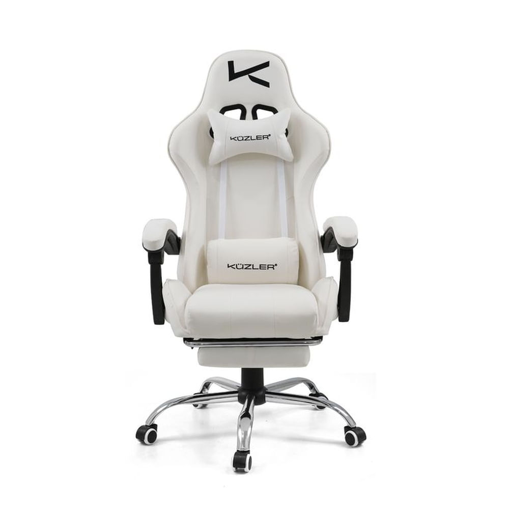 Silla Gamer Kuzler Blanca Masajeador Lumbar Reposapiés y Base Metálica RIK-101AW