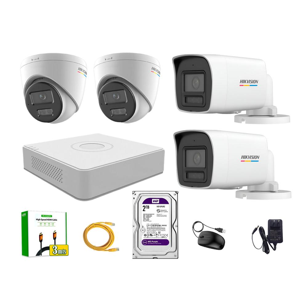 Kit 4 Cámara Seguridad Hikvision IP POE 4MP Color Vu Audio Luz Inteligente 2TB WD