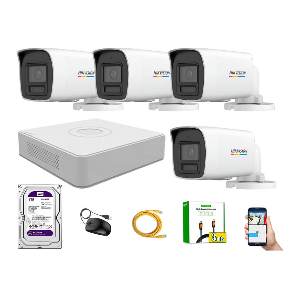 Kit 4 Cámara Seguridad Hikvision IP POE 4MP Color Vu Tubo Visión Color Disco 1TB