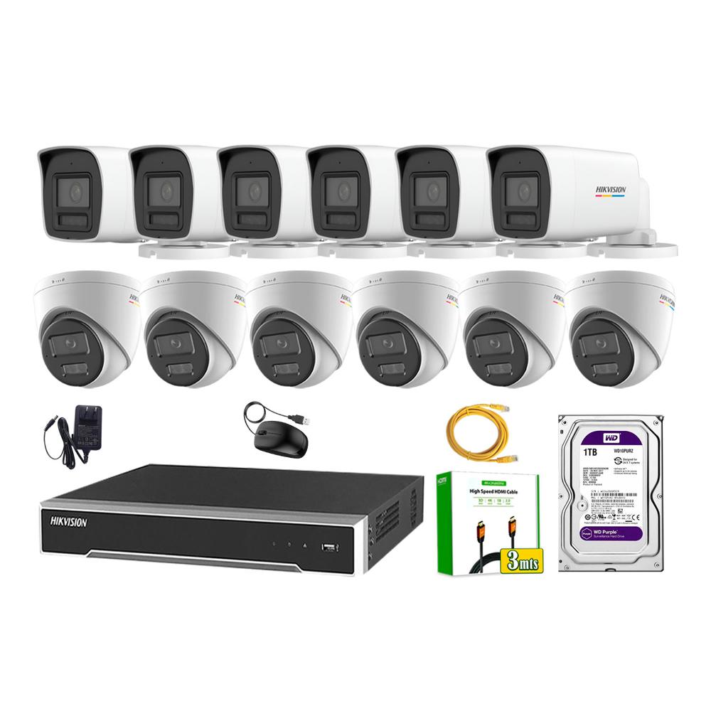 Kit 12 Cámara Seguridad Hikvision IP POE 4MP Color Vu Audio Luz Inteligente 1TB WD
