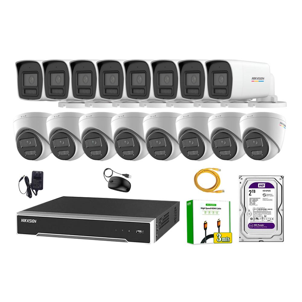 Kit 16 Cámara Seguridad Hikvision IP POE 4MP Color Vu Audio Luz Inteligente 2TB WD