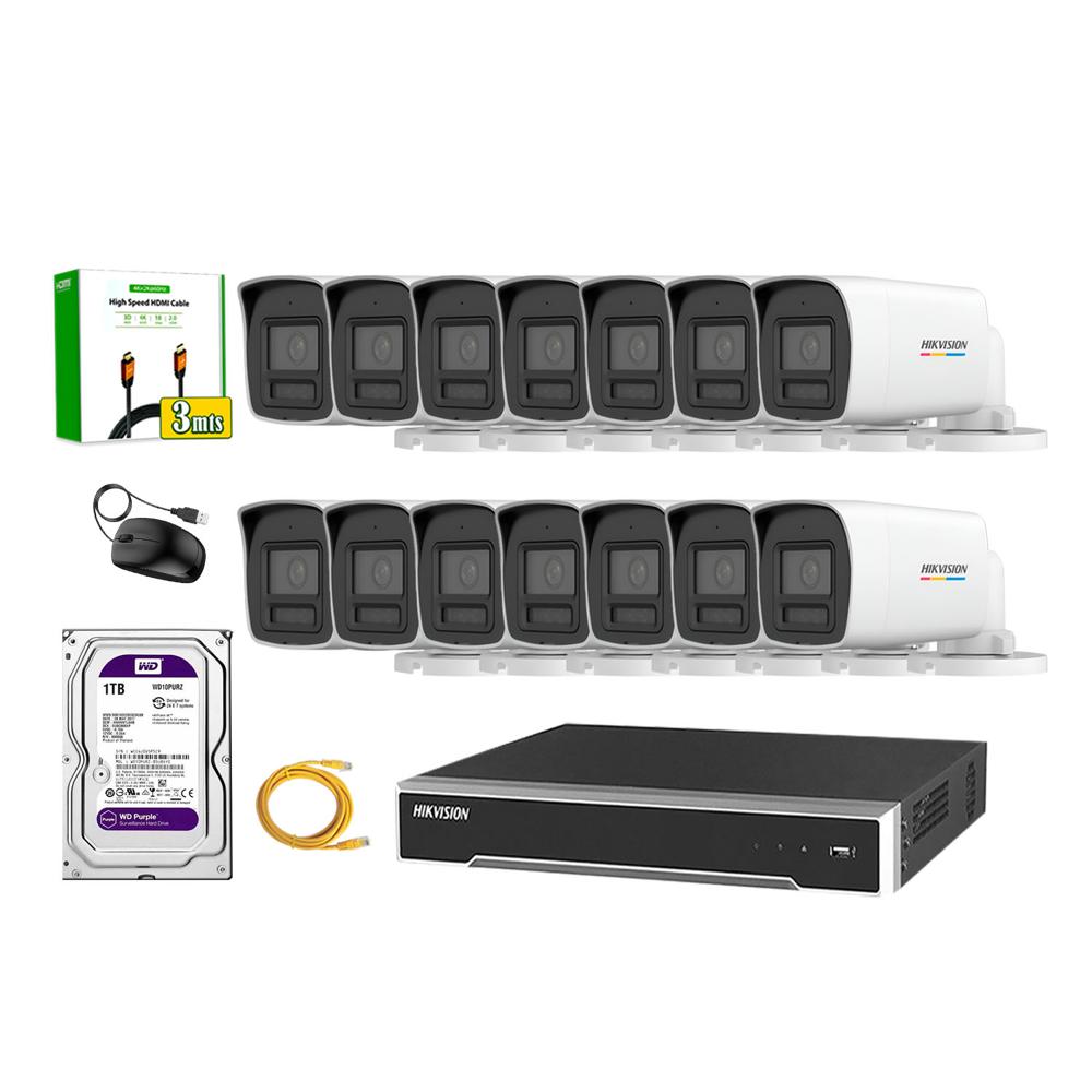 Kit 14 Cámara Seguridad Hikvision IP POE 4MP Color Vu Tubo Visión Color Disco 1TB