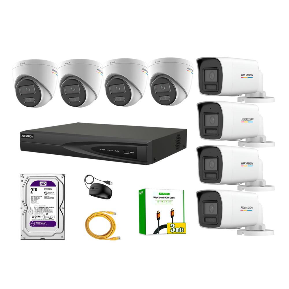 Kit 8 Cámara Seguridad Hikvision IP POE 4MP Color Vu Audio Luz Inteligente 2TB WD