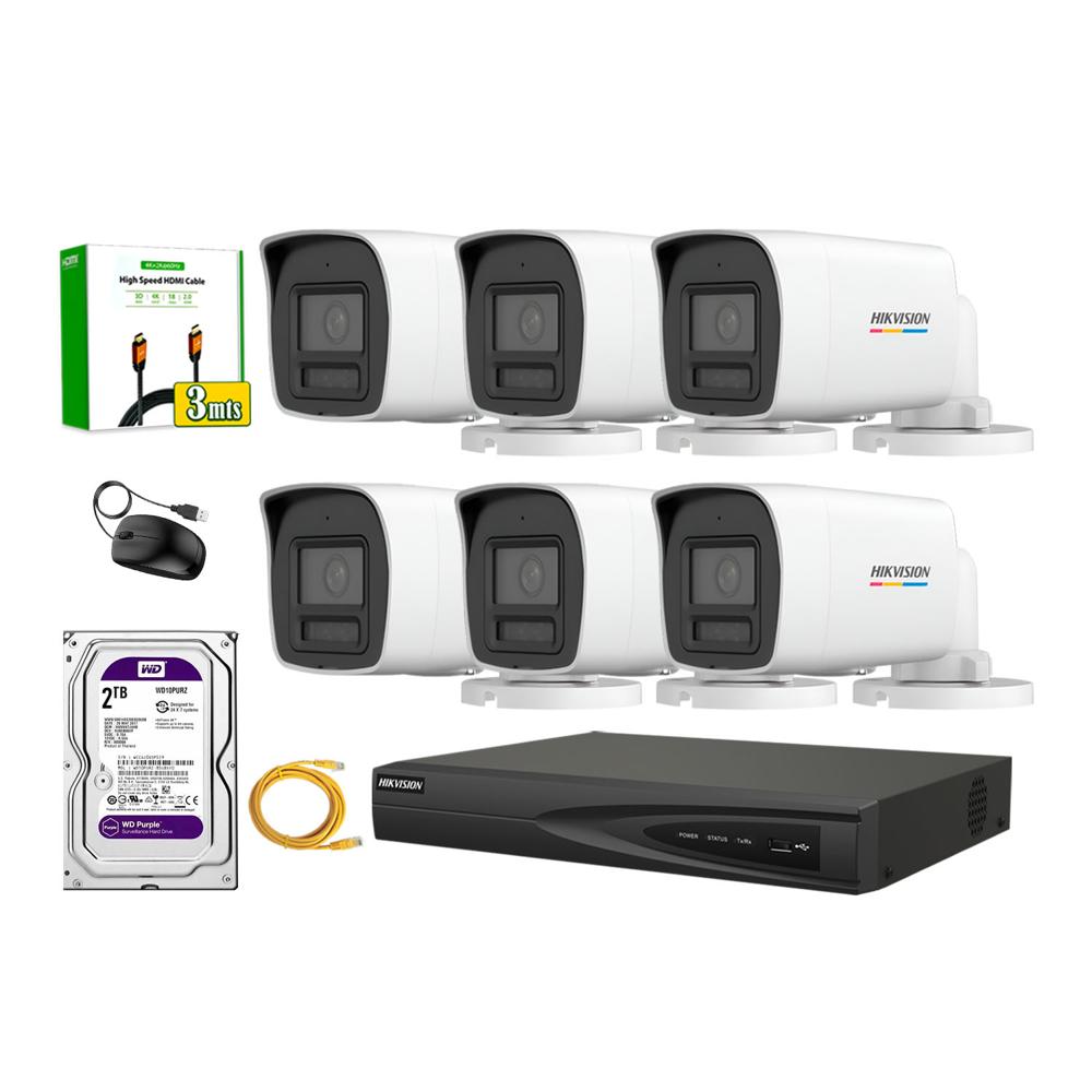 Kit 6 Cámara Seguridad Hikvision IP POE 4MP Color Vu Tubo Visión Color Disco 2TB