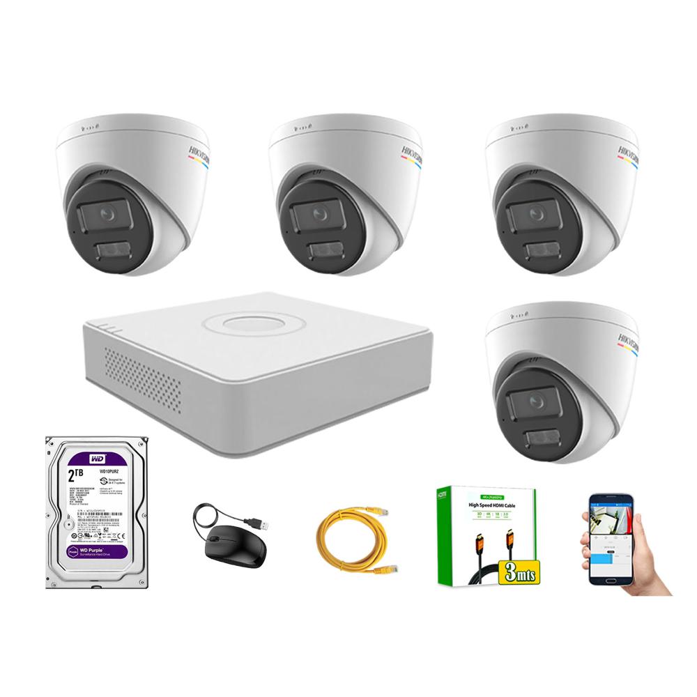 Kit 4 Cámara Seguridad Hikvision IP POE 4MP Color Vu Domo Visión Color Disco 2TB