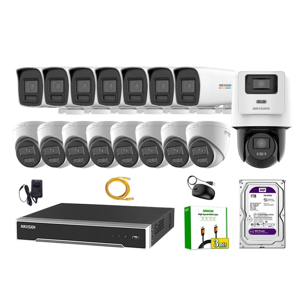 Kit 16 Cámara Seguridad Hikvision IP POE 4MP ColorVu 1 Cámara PTZ Detección Persona 1TB