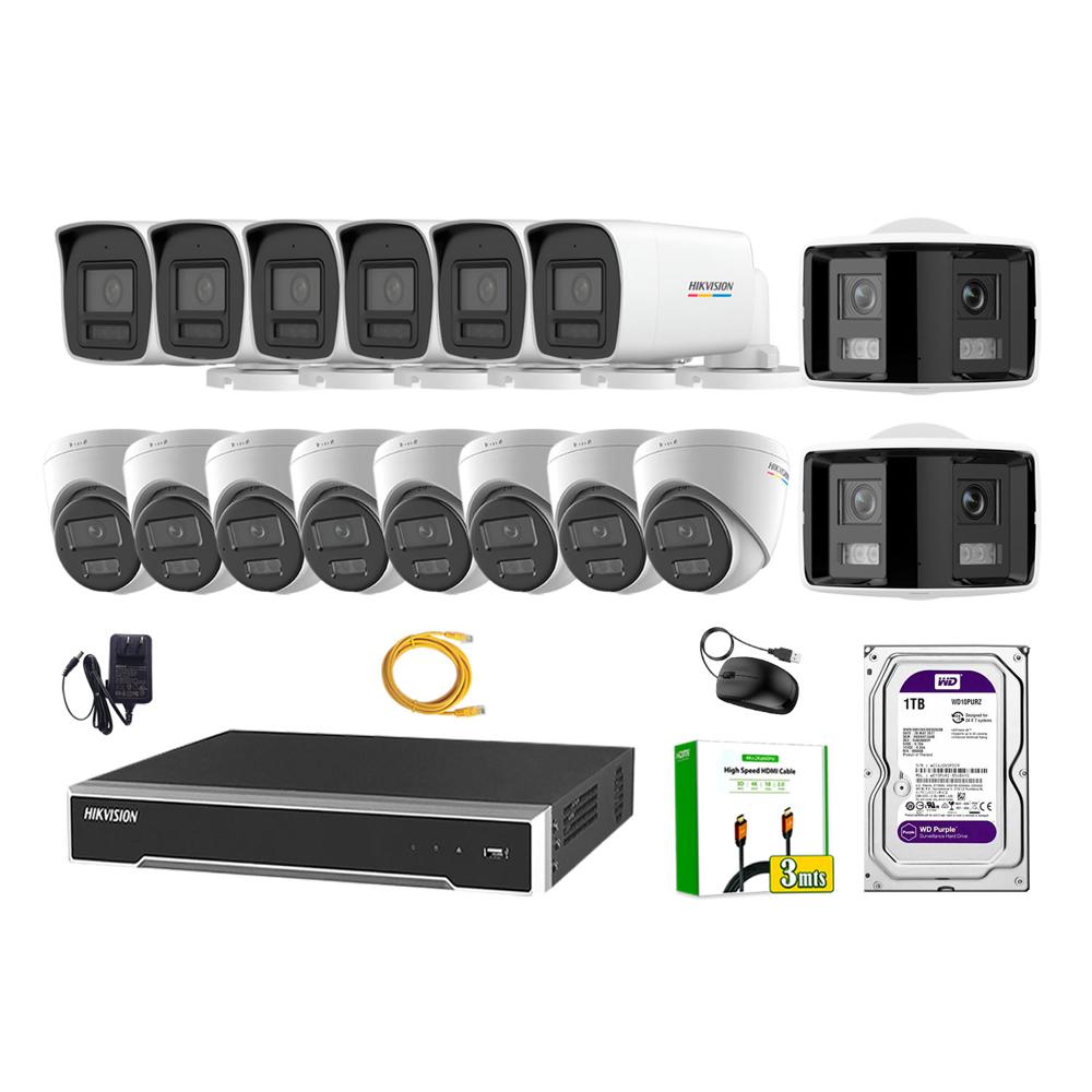 Kit 16 Cámara Seguridad Hikvision IP POE 4MP ColorVu 2 Cámara Panorámica Alarma 1TB WD