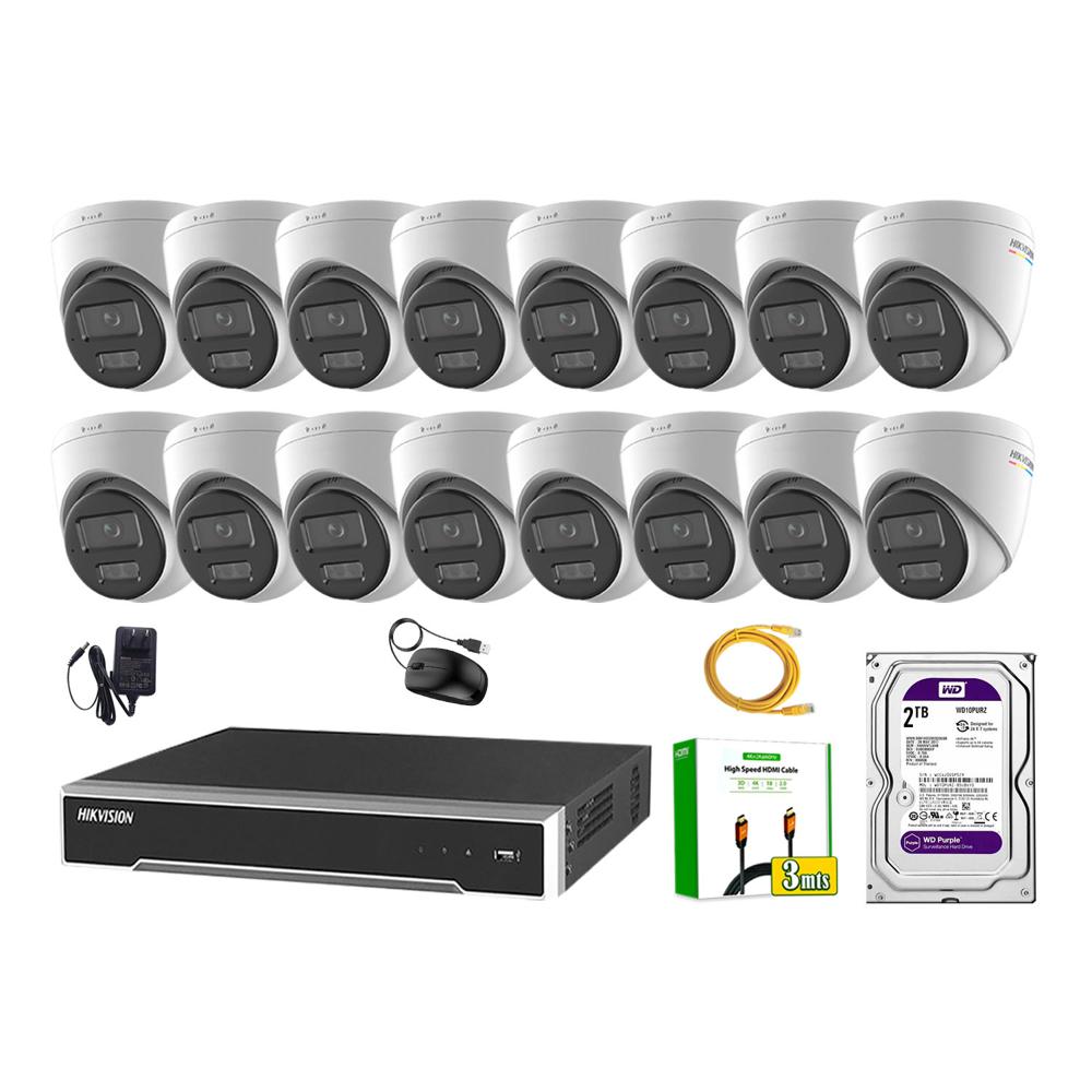 Kit 16 Cámara Seguridad Hikvision IP POE 4MP Color Vu Domo Visión Color Disco 2TB