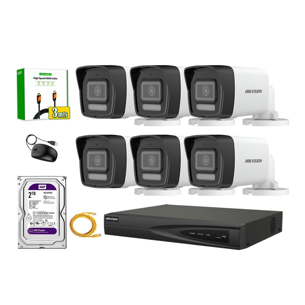 Kit 6 Cámara Seguridad Hikvision IP POE 4MP Tubo Audio Incorporado Disco 2TB