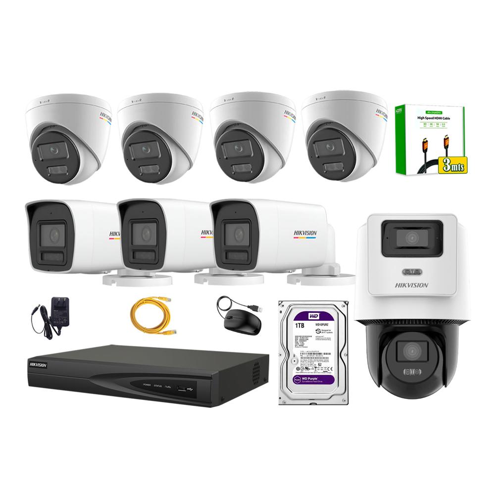 Kit 8 Cámara Seguridad Hikvision IP POE 4MP ColorVu 1 Cámara PTZ Detección Persona 1TB