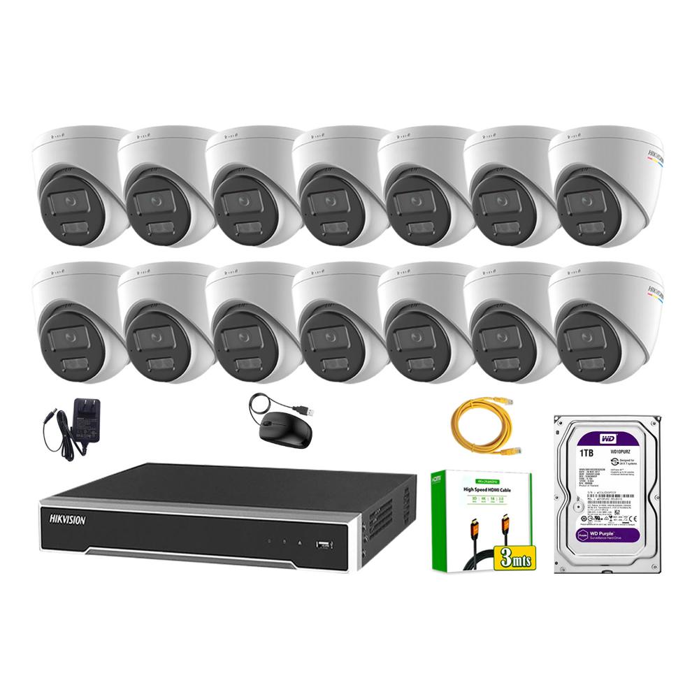 Kit 14 Cámara Seguridad Hikvision IP POE 4MP Color Vu Domo Visión Color Disco 1TB
