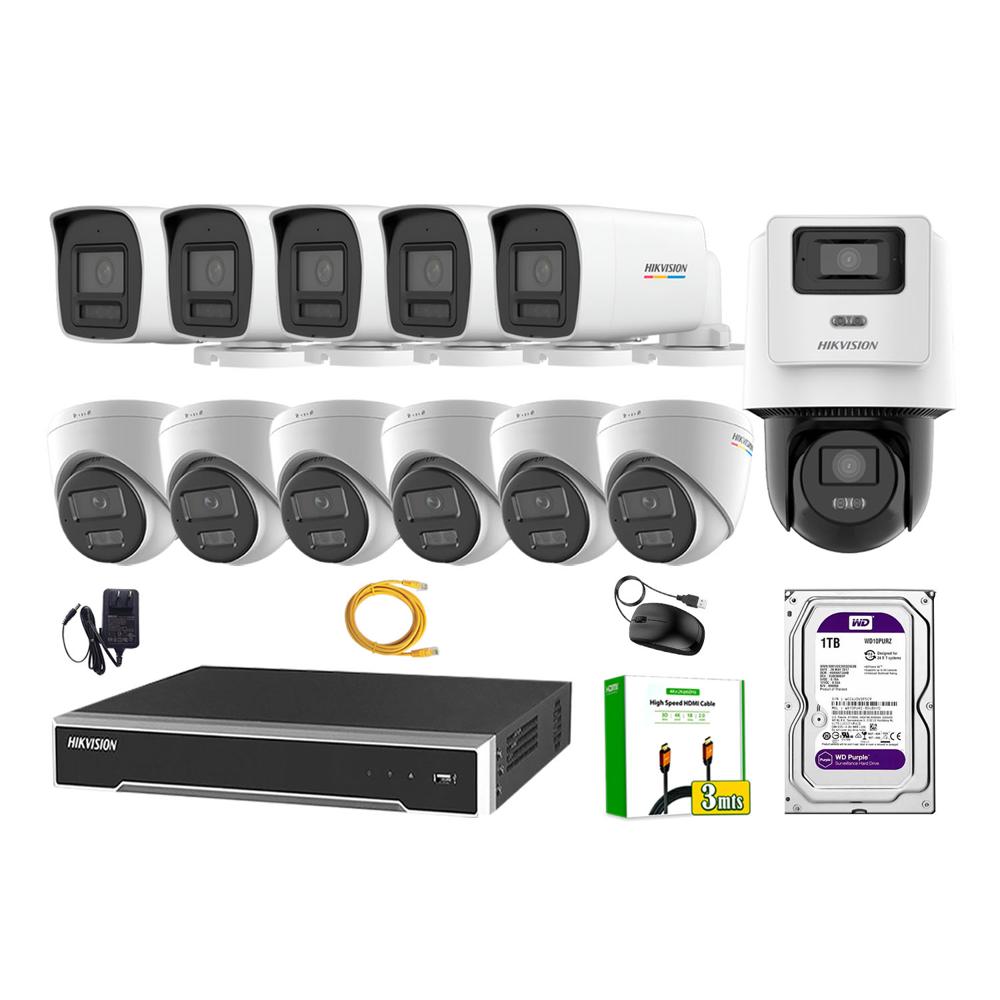 Kit 12 Cámara Seguridad Hikvision IP POE 4MP ColorVu 1 Cámara PTZ Detección Persona 1TB