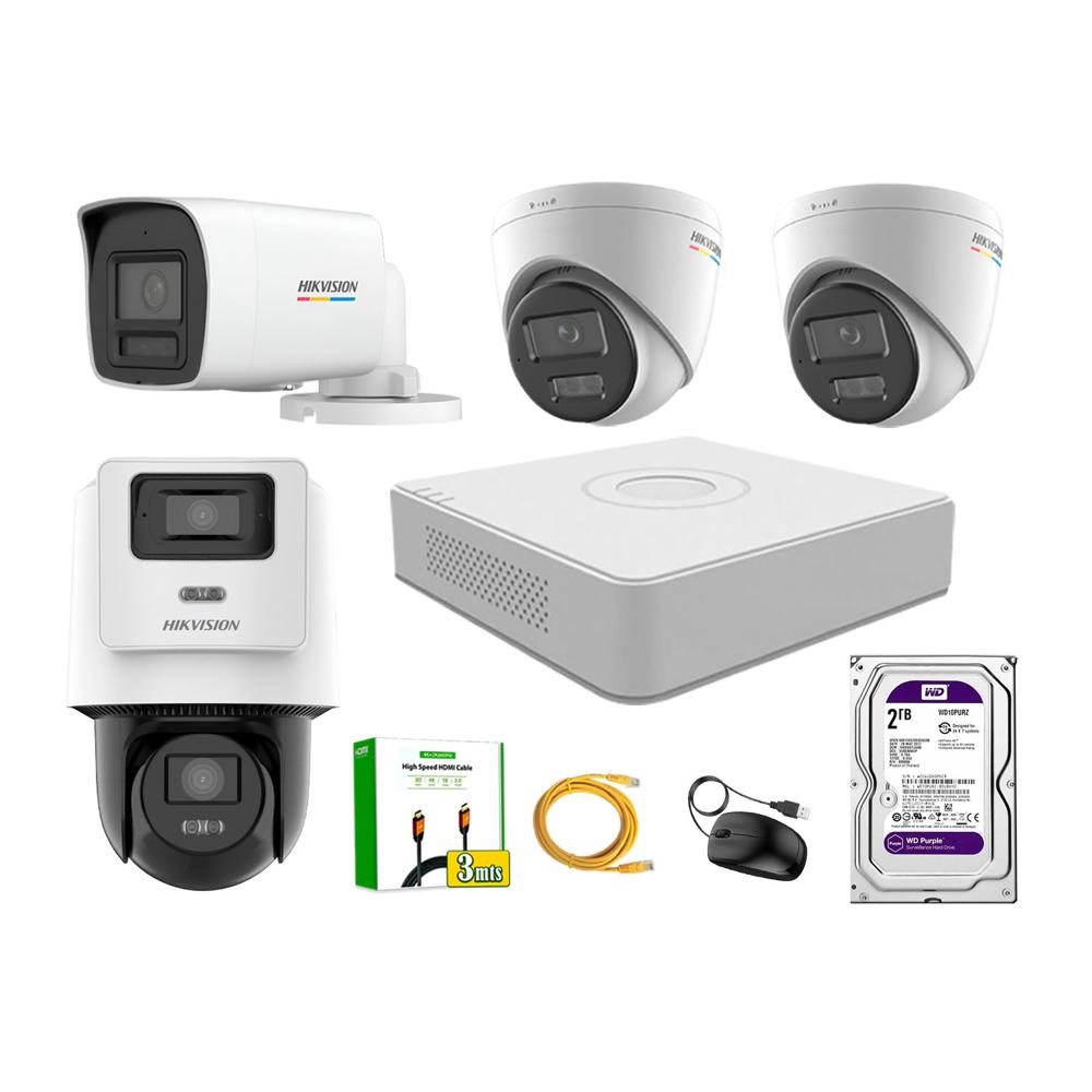 Kit 4 Cámara Seguridad Hikvision IP POE 4MP ColorVu 1 Cámara PTZ Detección Persona 2TB