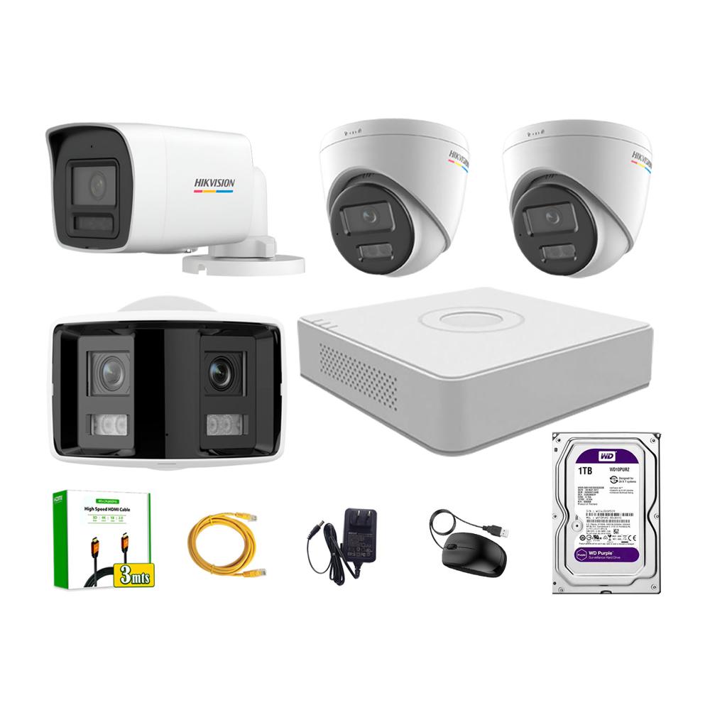 Kit 4 Cámara Seguridad Hikvision IP POE 4MP ColorVu 1 Cámara Panorámica Alarma Disc 1TB
