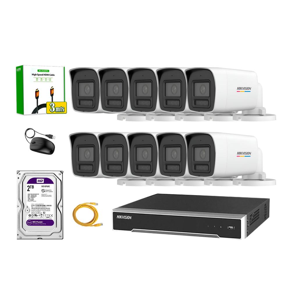 Kit 10 Cámara Seguridad Hikvision IP POE 4MP Color Vu Tubo Visión Color Disco 2TB