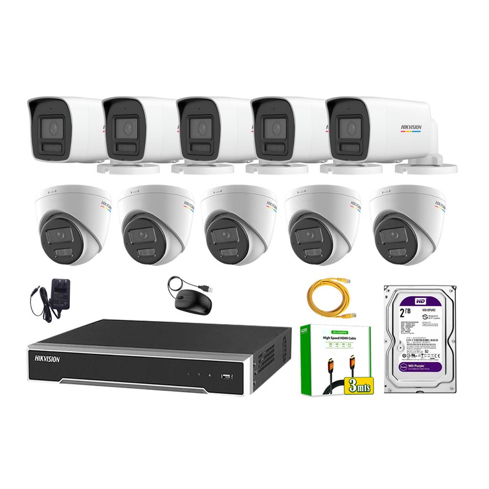 Kit 10 Cámara Seguridad Hikvision IP POE 4MP Color Vu Audio Luz Inteligente 2TB WD