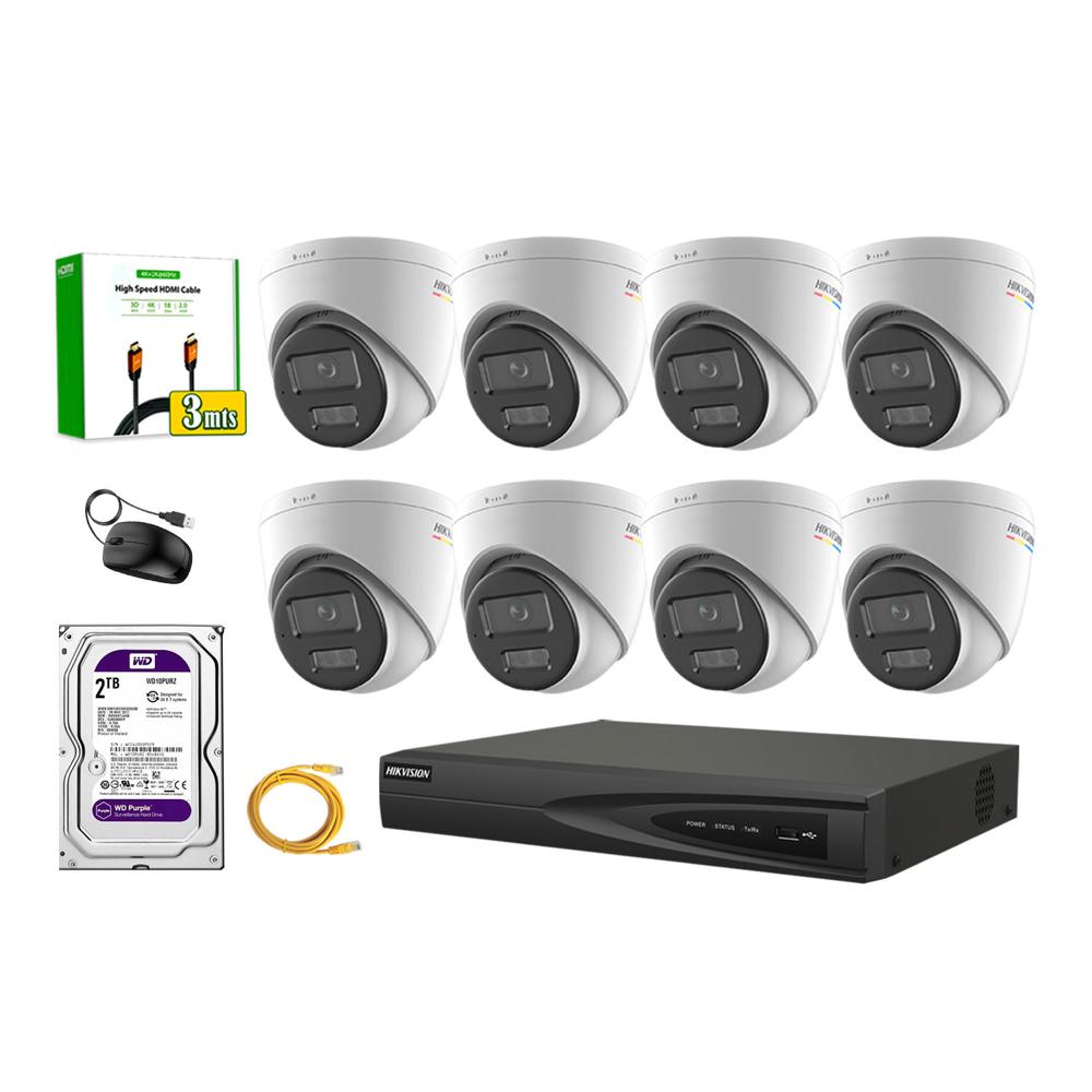 Kit 8 Cámara Seguridad Hikvision IP POE 4MP Color Vu Domo Visión Color Disco 2TB