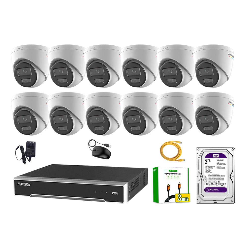 Kit 12 Cámara Seguridad Hikvision IP POE 4MP Color Vu Domo Visión Color Disco 2TB