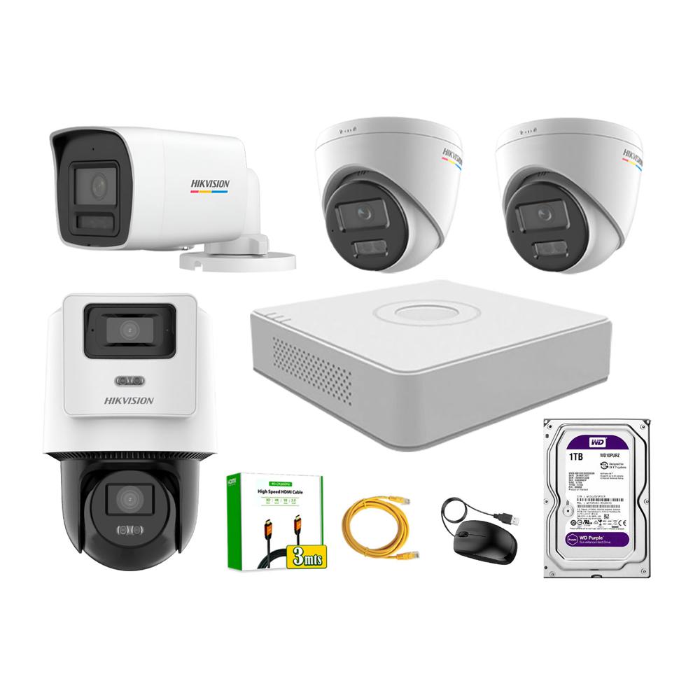 Kit 4 Cámara Seguridad Hikvision IP POE 4MP ColorVu 1 Cámara PTZ Detección Persona 1TB