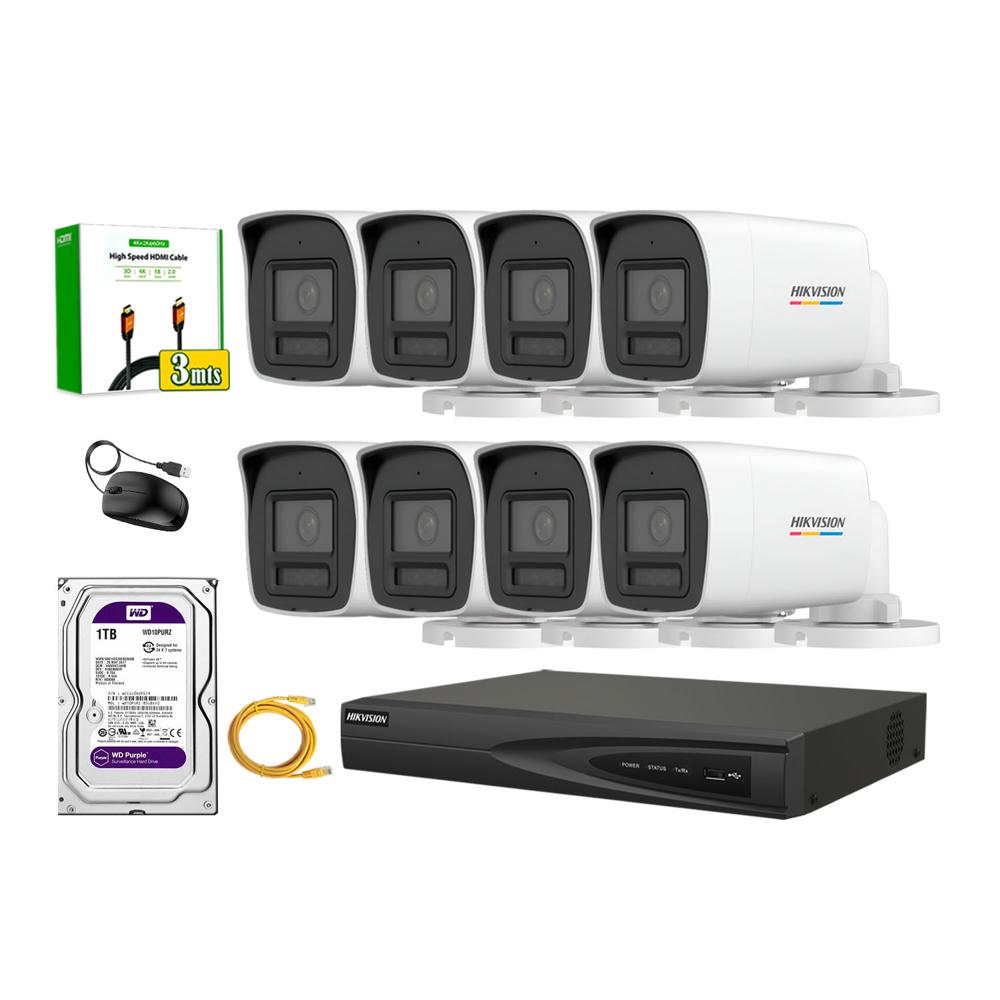 Kit 8 Cámara Seguridad Hikvision IP POE 4MP Color Vu Tubo Visión Color Disco 1TB