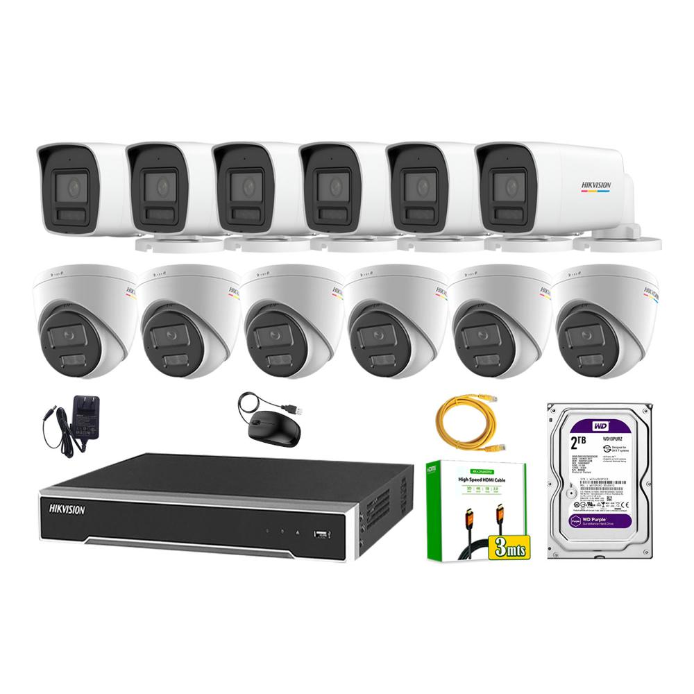Kit 12 Cámara Seguridad Hikvision IP POE 4MP Color Vu Audio Luz Inteligente 2TB WD