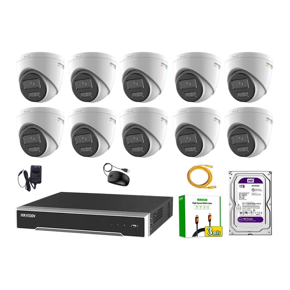 Kit 10 Cámara Seguridad Hikvision IP POE 4MP Color Vu Domo Visión Color Disco 1TB