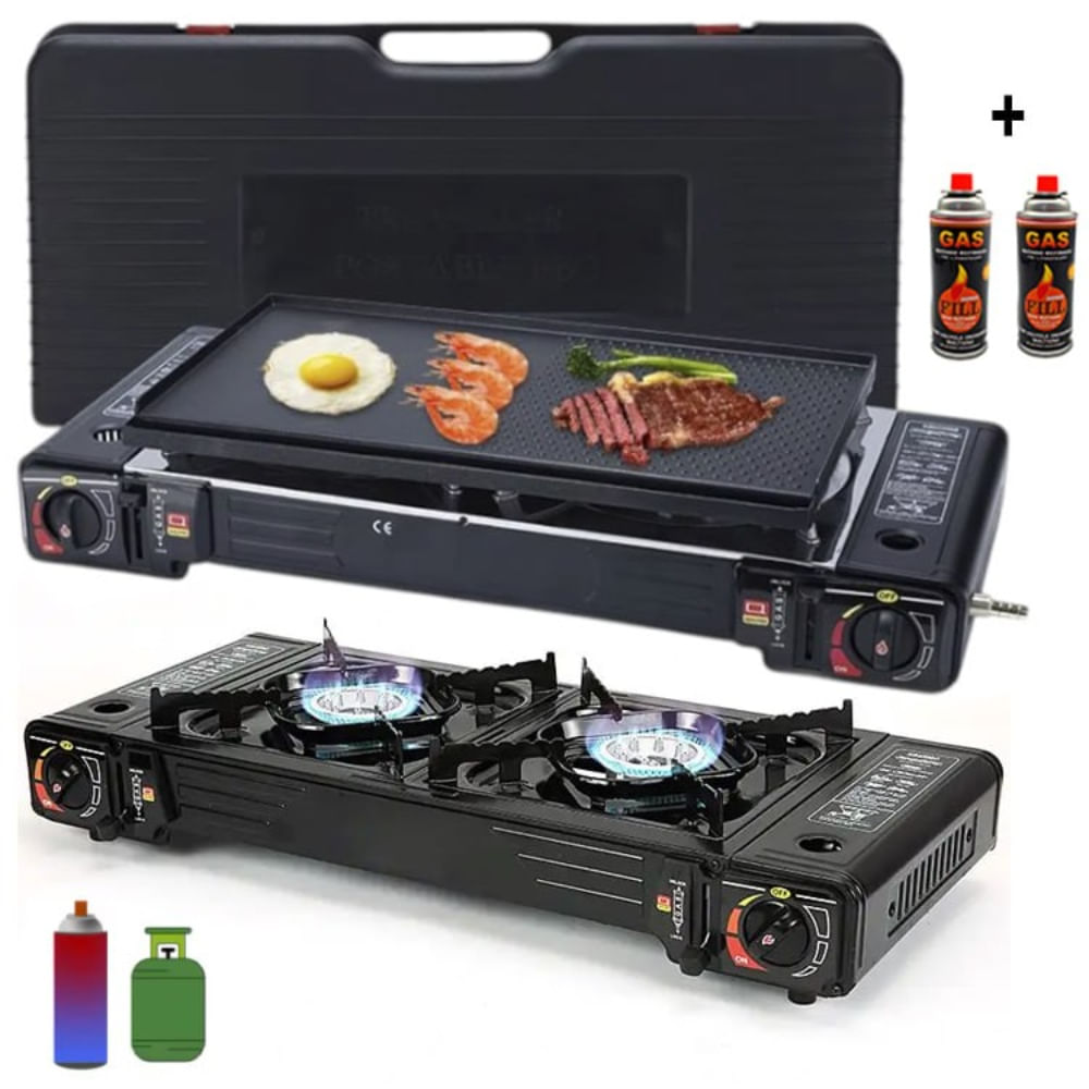 Cocina a Gas Portatil 2 Hornillas 2 en 1 con Parrilla mas Gas